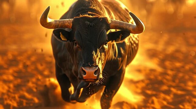 A powerful black bull charges directly at the camera in a dusty country rodeo arena at sunset. Dynamic action, flying dirt, and dramatic lighting capture the raw energy of the moment.
