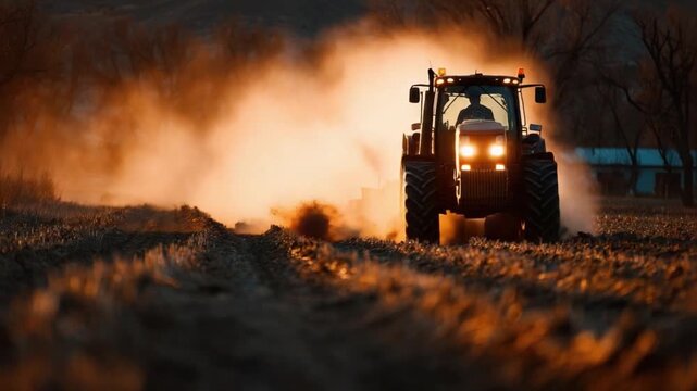 Farmers tractor plowing a field during sunset with dust clouds rising in the air and leafless trees in the background