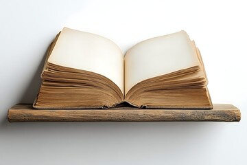 Open antique book on rustic wooden shelf with blank pages for text and illustrations