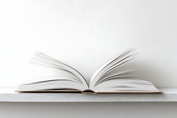 Open book on a shelf with white pages and white background for reading and learning