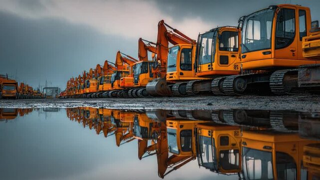Row of bright orange excavators and construction vehicles lined up on a muddy construction site with puddles reflecting the machinery and dark stormy sky