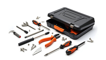 Construction Toolbox opened with scattered screwdrivers, pliers, utility knife, and screws, placed in isolate layout on clean white surface