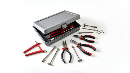 Construction Toolbox opened with scattered screwdrivers, pliers, utility knife, and screws, placed in isolate layout on clean white surface