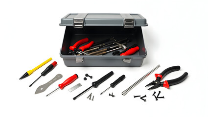 Construction Toolbox opened with scattered screwdrivers, pliers, utility knife, and screws, placed in isolate layout on clean white surface