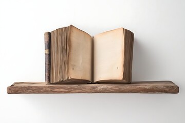 Antique Book Open on Rustic Wooden Shelf Against White Wall Background, Ancient Tome Display
