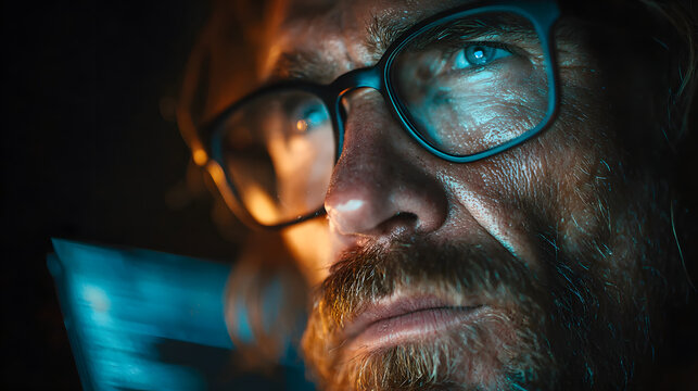 Close up of a man with glasses and a beard looking intently at a screen with blue light reflection