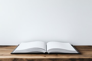 Open book with blank pages on wooden table against white background perfect for mockups