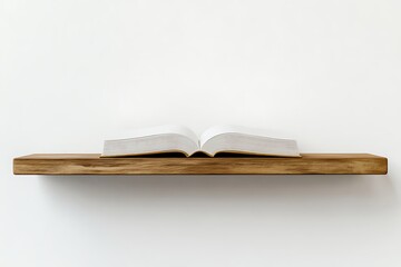 Open book on wooden shelf against white wall provides inviting reading atmosphere and knowledge