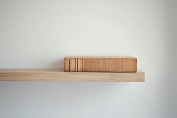 Old hardcover book lying horizontally on a wooden shelf against a white wall, bookworm concept
