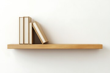 Books on a wooden shelf against a white wall, minimalist design. Study, knowledge concept