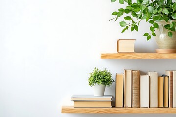 Books and plants on wooden shelves against a white wall create a cozy reading space