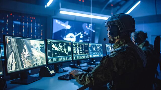 Military Control Room: Soldiers Monitoring Screens, Analyzing Data, and Tracking Targets