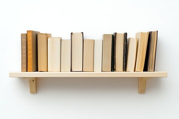 Bookshelf with old books on white background. Vintage collection on wooden shelf. Education concept
