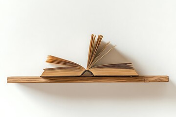 Open book on wooden shelf against white background offers a vintage reading experience