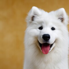 A playful fluffy white samoyed puppy with a bright red tongue joyfully posing against a soft background capturing its charming expression