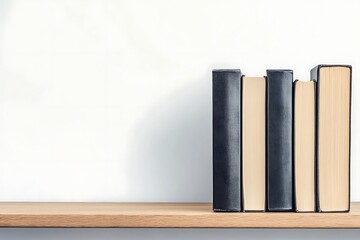Books on shelf against white wall, home library concept with vintage book spines and shadow