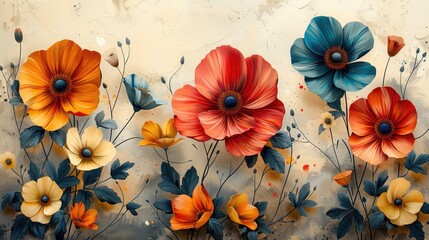 Colourful flowers on beige background.