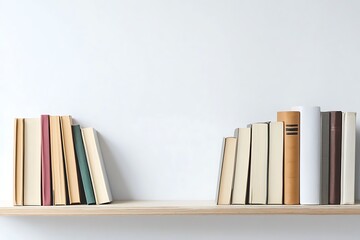 Bookshelf with neutral colored books on wooden shelf against white wall, simple and minimalist