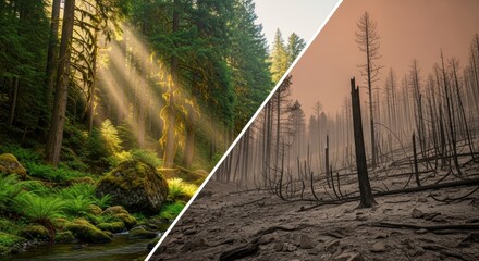 Lush Forest and Charred Remains After Wildfire
