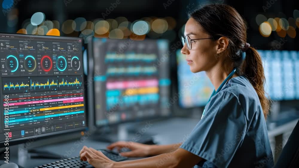 Poster healthcare manager utilizing ai for real time data analysis modern medical facility to enhance patie