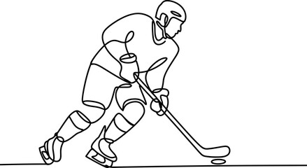 Continuous line drawing of a hockey player in action isolated on white background