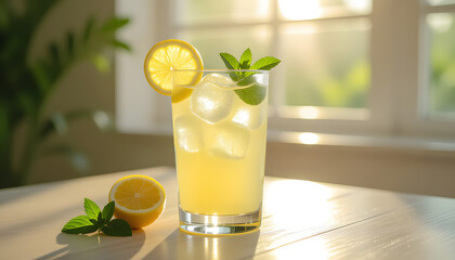 Fototapeta premium Refreshing Lemonade Drink with Ice and Slices