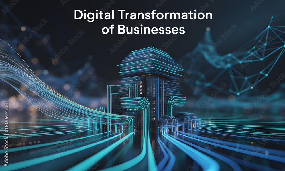 Poster digital transformation of businesses: futuristic network city with data flow and technology infrastr