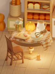 Warm autumn kitchen table setting with seasonal elements. 3D render illustration