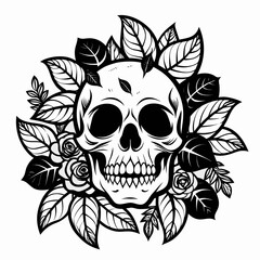 Gothic skull art with intricate roses and detailed leaves perfect for dark fantasy themes