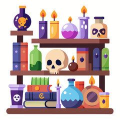 Spooky bookshelf illustration featuring skulls potion bottles and mysterious objects for halloween or gothic themes © MHC