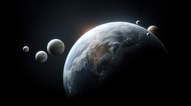 Miniature gray planets and spheres in a mystical solar system scene