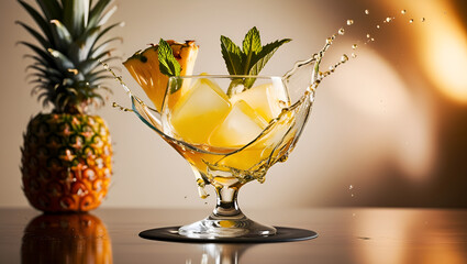 Refreshing pineapple drink splash captured mid-air with droplets, vibrant summer vibe