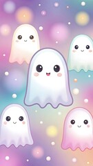 A group of cute smiling ghosts floating against a soft colorful pastel background