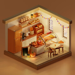 Cozy bakery kitchen scene with autumn decorations. 3D render illustration
