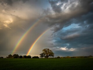 Naklejka premium Double rainbow over green field and lone oak tree clouds