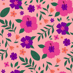 Seamless tropical floral pattern with hibiscus. Vector graphics.