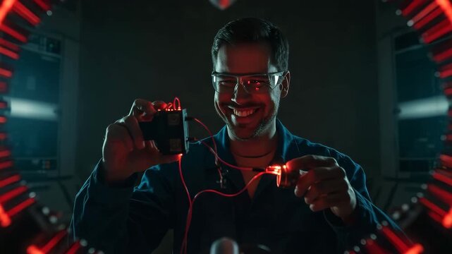 Engineer in safety glasses testing an electromagnetic pulse device in a dark futuristic laboratory
