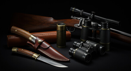 Obraz premium Hunting equipment collection on dark background
