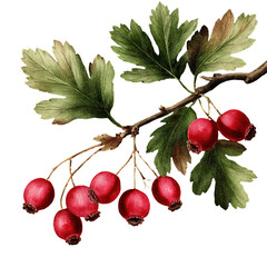 illustration of hawthorn branch with red berries on transparent background.
