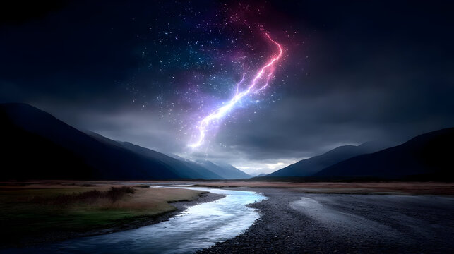 range with multicolored skies and rivers flowing upward into glowing clouds - Powered by Adobe
