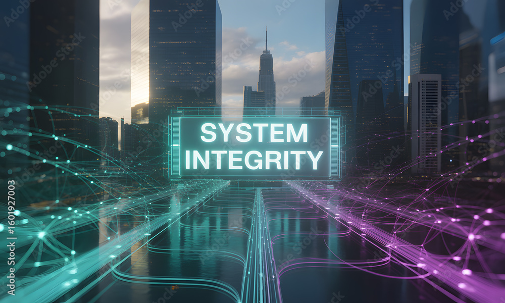 Aufkleber system integrity concept in futuristic urban network with digital data flow and glowing connections