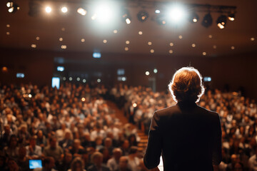 Speaker audience conference stage spotlight professional business seminar large indoor