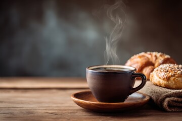 Morning coffee and tea with pastries on a wooden table