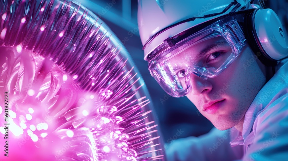 Poster occupation aerospace engineer working on a jet engine prototype in a research laboratory.