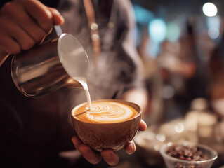 Latte art, barista, coffee, milk, and steam create cozy atmosphere in modern cafe setting