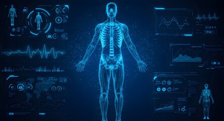 Human Skeleton X-ray View with Medical Data Overlay - Digital Anatomy Scan