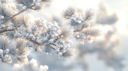 Snowy pine branches, soft sunlight, winter wonderland, beautiful nature scene, stock photo