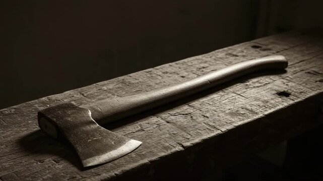 Vintage axe with a wooden handle lying on an old rustic workbench. Moody workshop atmosphere with textured wood, ideal for themes of craftsmanship, carpentry, and heritage tools.