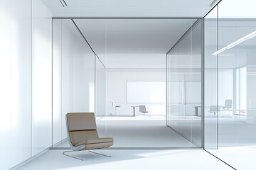 Modern office interior with glass walls and lounge chair creating a bright and spacious workspace