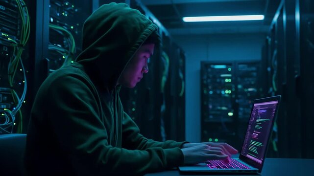 Person in hoodie types on laptop in a server room with illuminated keyboard